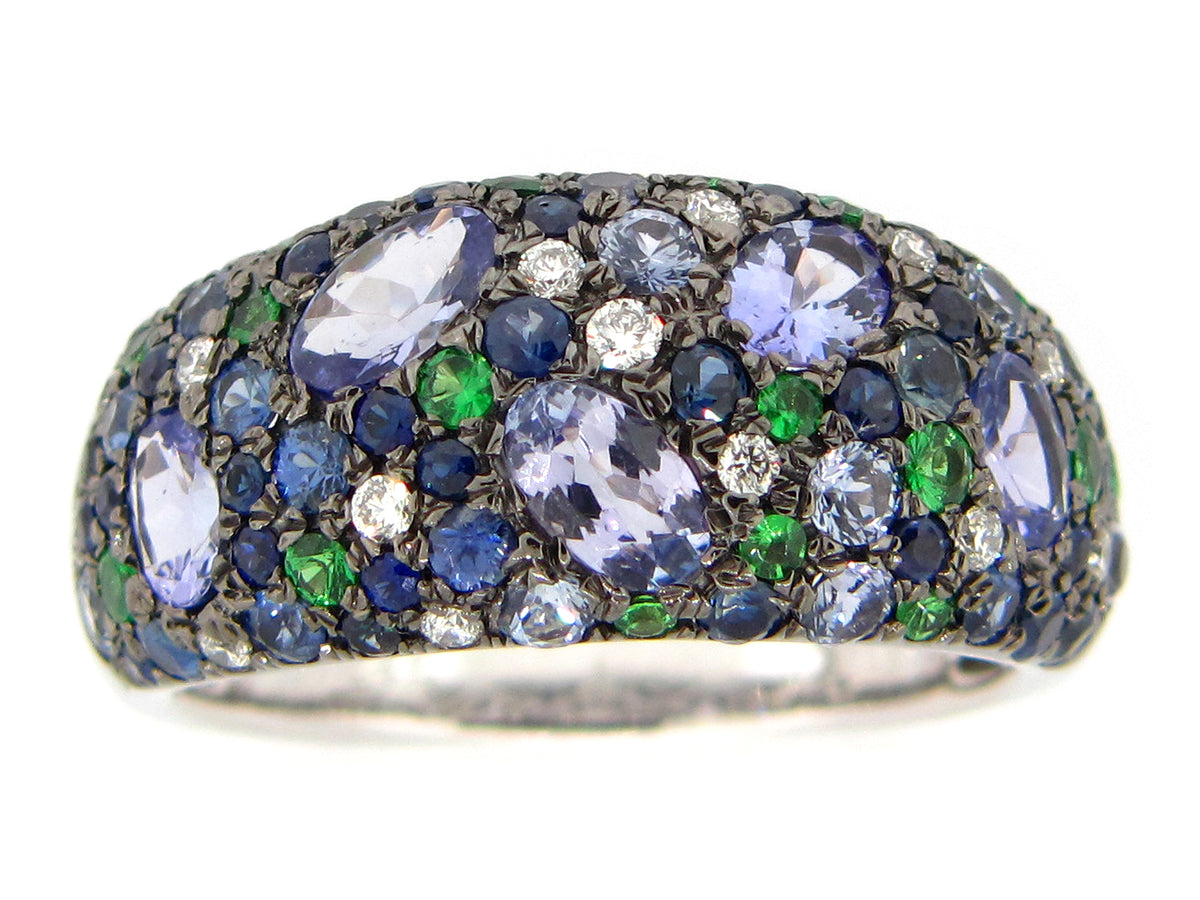 SAPPHIRE, TSAVORITE, TANZANITE & DIAMOND RING, 14KW (H/N)
