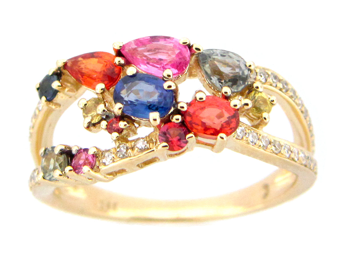 RAINBOW SAPPHIRE & DIAMOND SPLIT SHANK CLUSTER RING, 14KY (H/U)