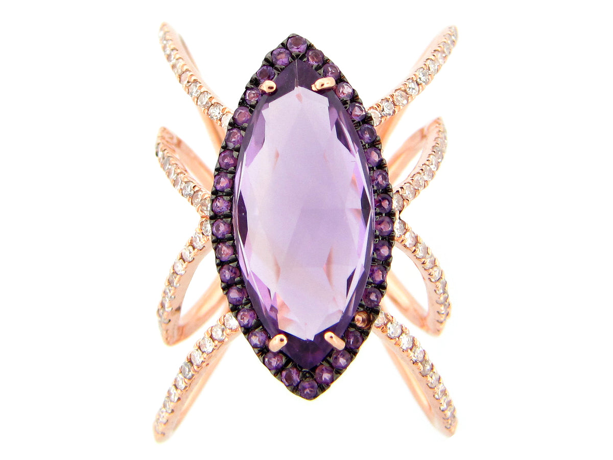 AMETHYST MARQUISE & DIAMOND SPIDER RING, 14KR (N)