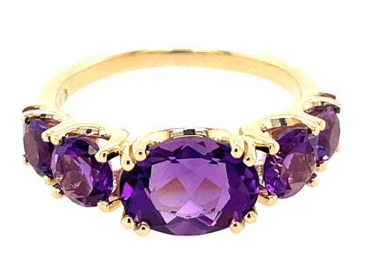 AMETHYST 5 STONE & DIAMOND TAPERED RING, 14KY (H)