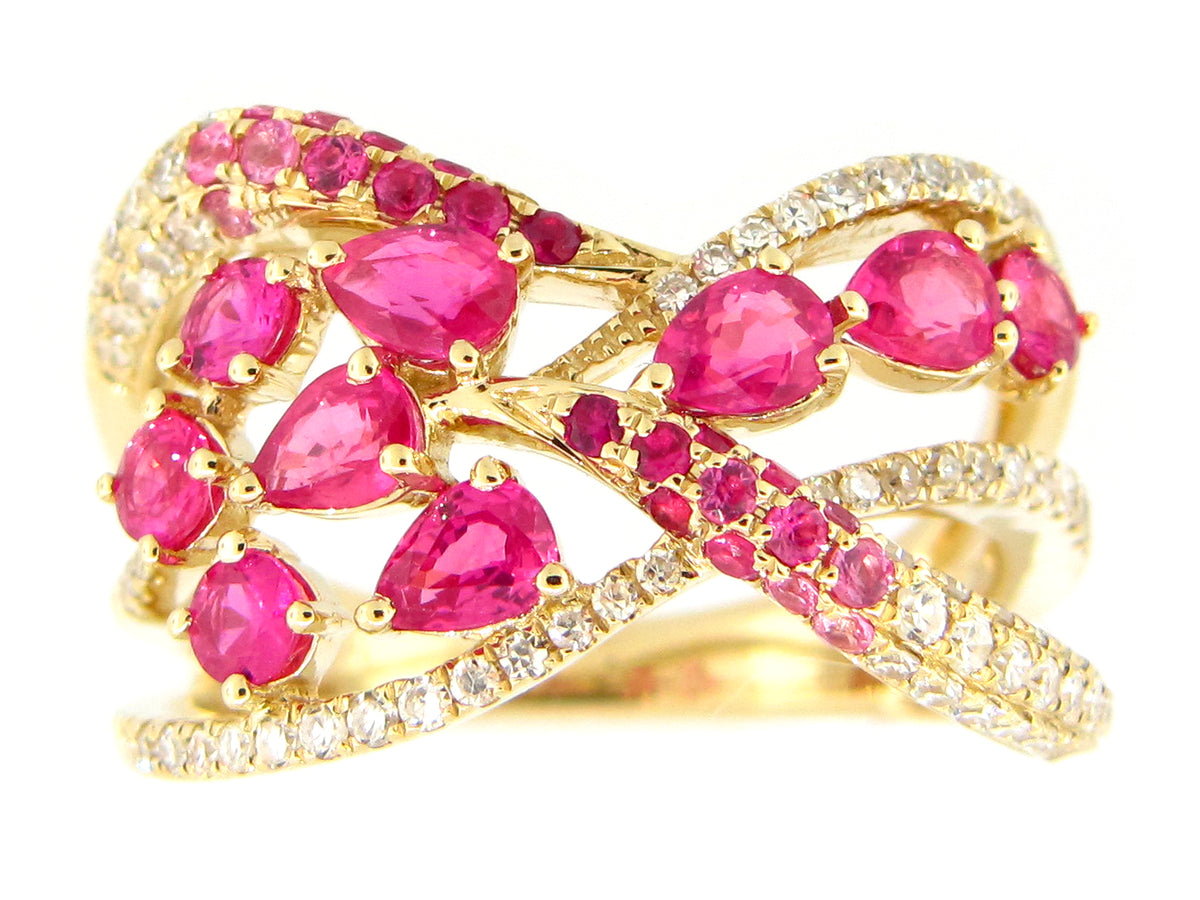 PINK SAPPHIRE & DIAMOND MULTI STRAND RING, 14KY (H)