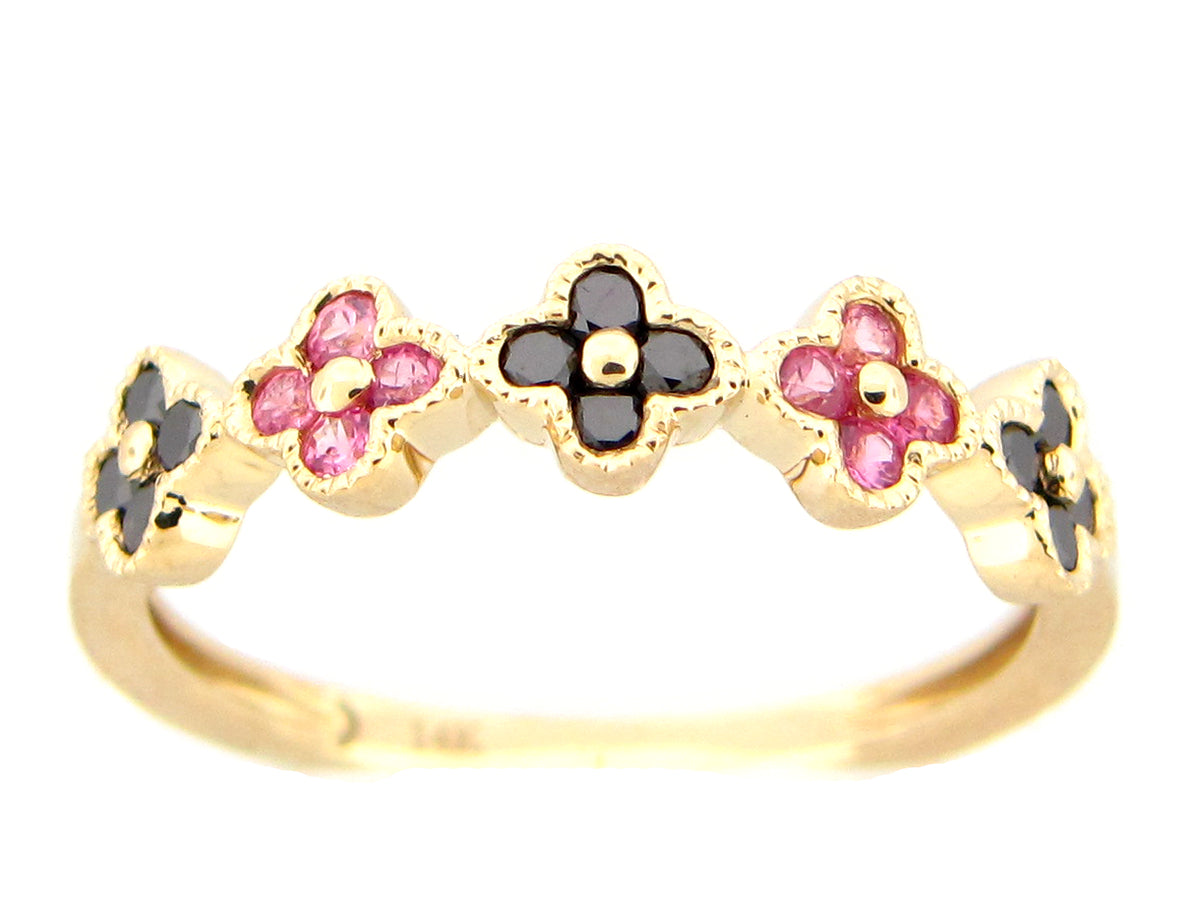 BLACK DIAMOND & PINK SAPPHIRE FLORETTE RING, 14KY (H)