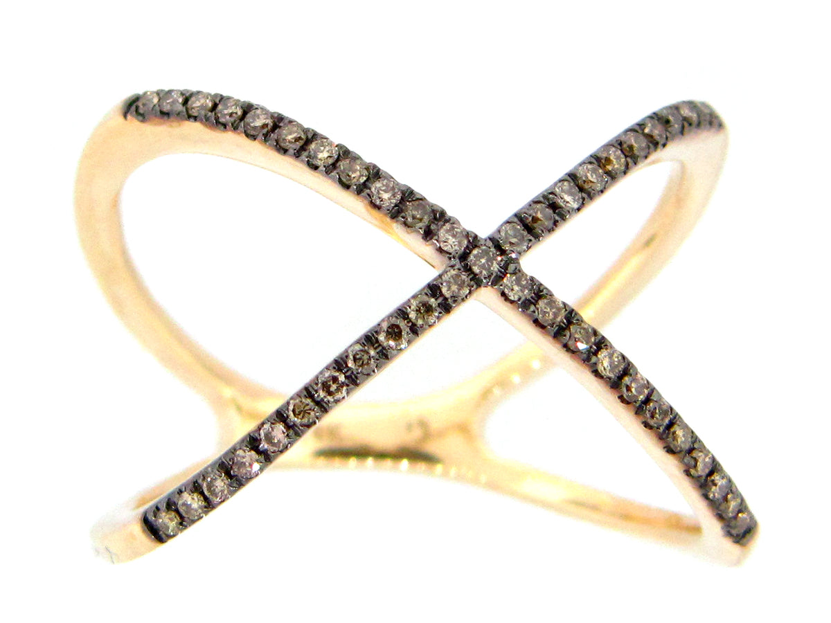 BROWN DIAMOND X RING, 14ky