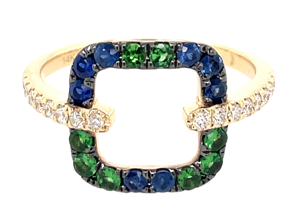 Cushion Top Blue Sapphire,Tsavorite Diamond Square Ring, 14ky (H/N)