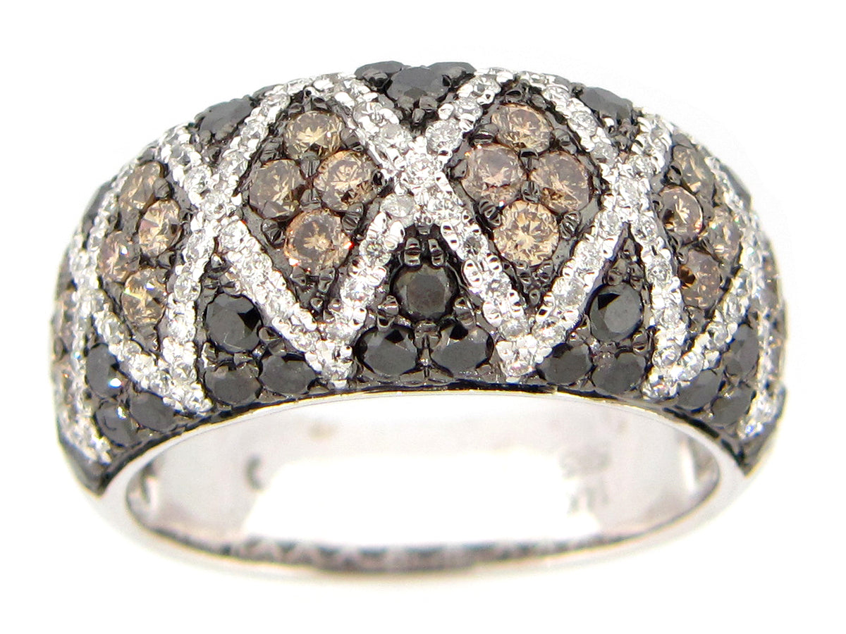 BLACK, BROWN & WHITE DIAMOND RING, 14KW (R/N)