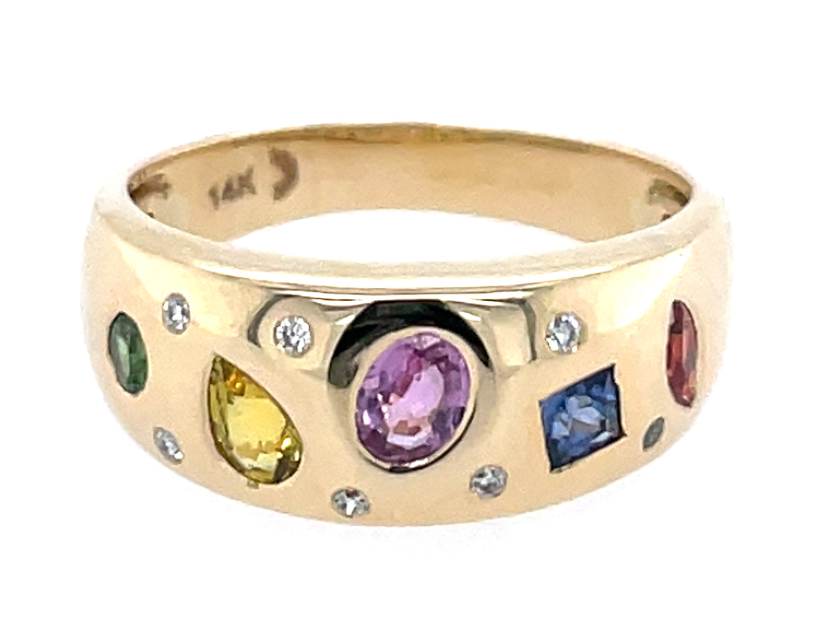 Rainbow Sapphire Diamond Flush Set Dome Ring, 7.7mm