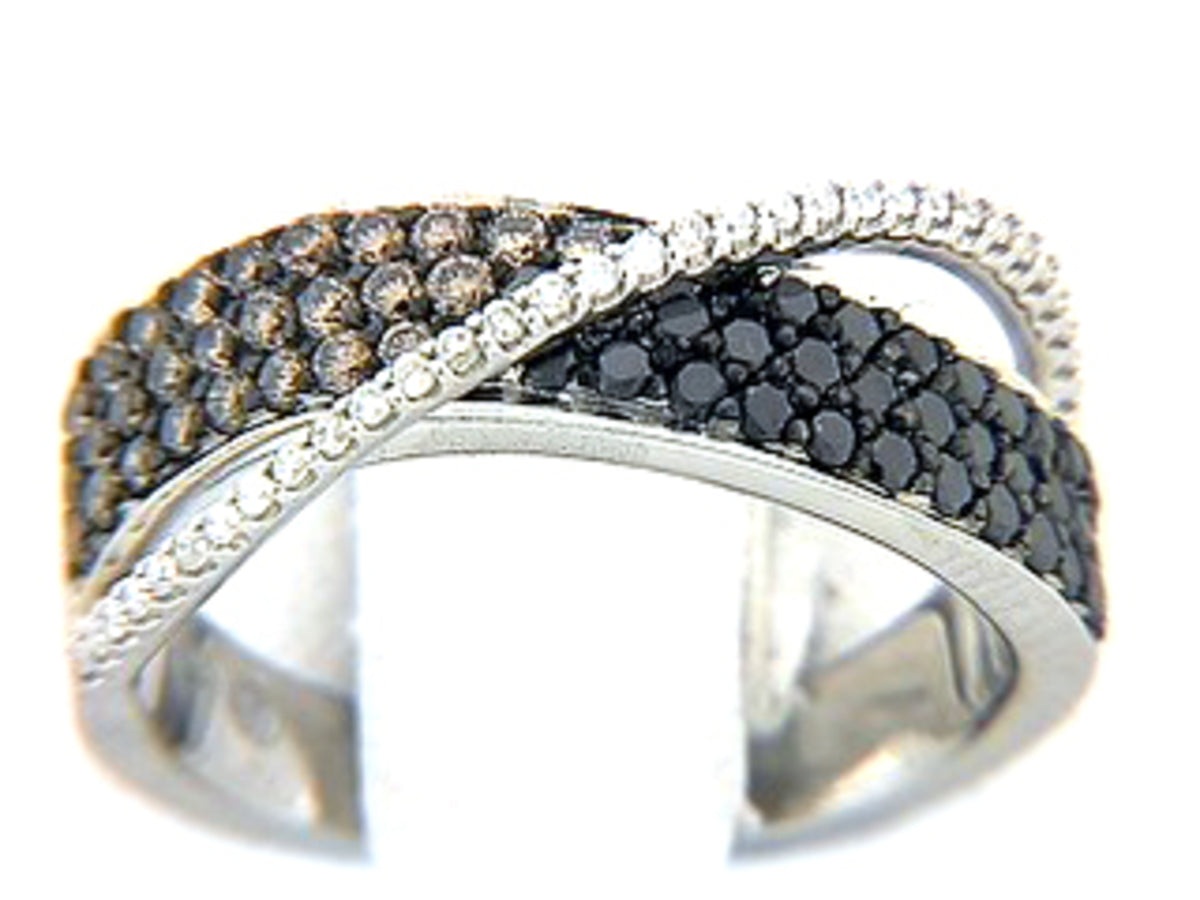 BLACK, BROWN & WHIITE DIAMOND RING, 14KW (R/N)