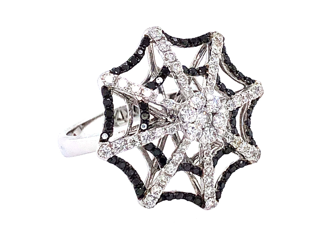 BLACK & WHITE DIAMOND SPIDER WEB RING, 14KW (R/H)