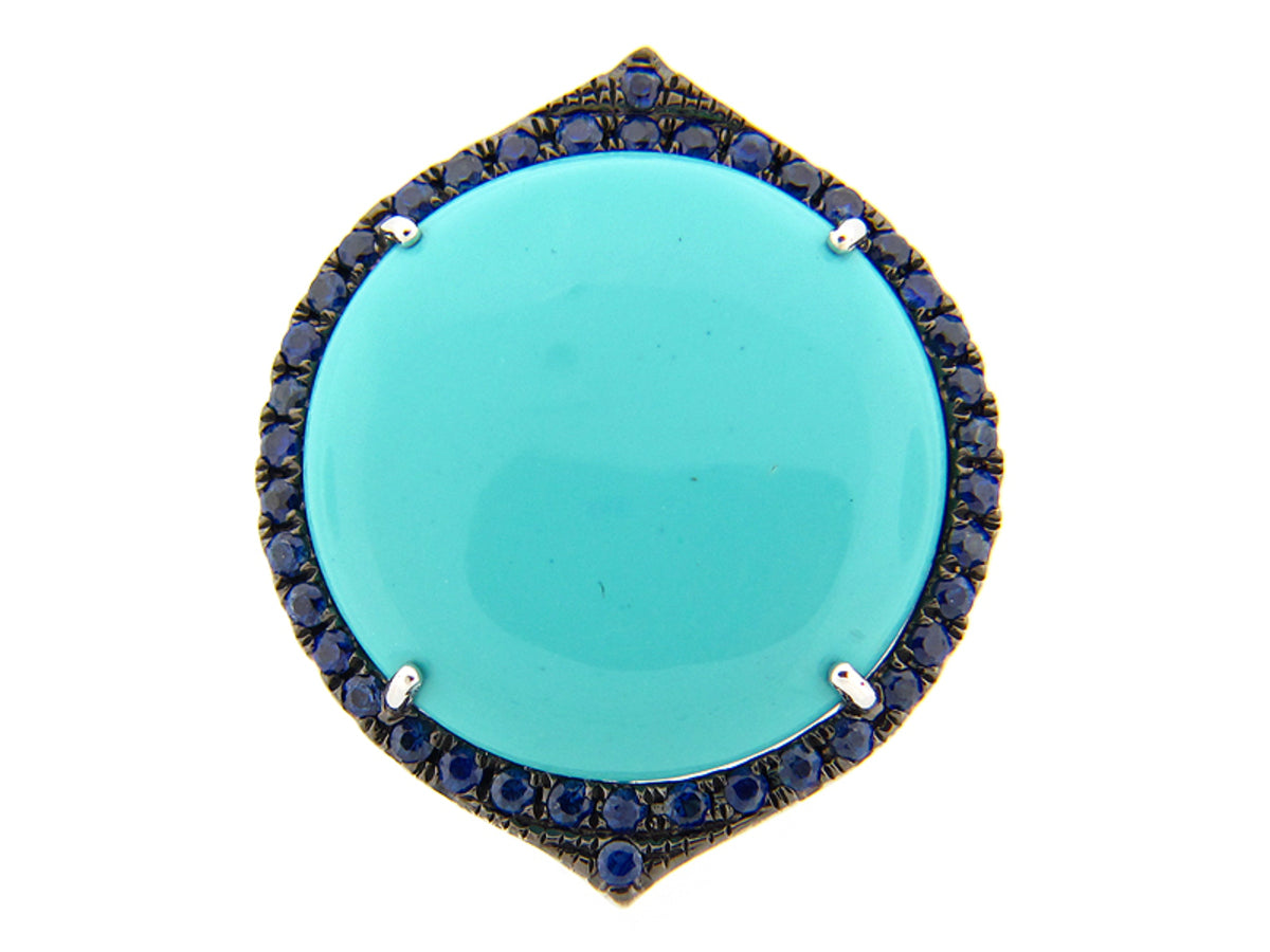 SAPPHIRE, RECONSTRUCTED TURQUOISE & DIAMOND RING, 14KW (N/H)