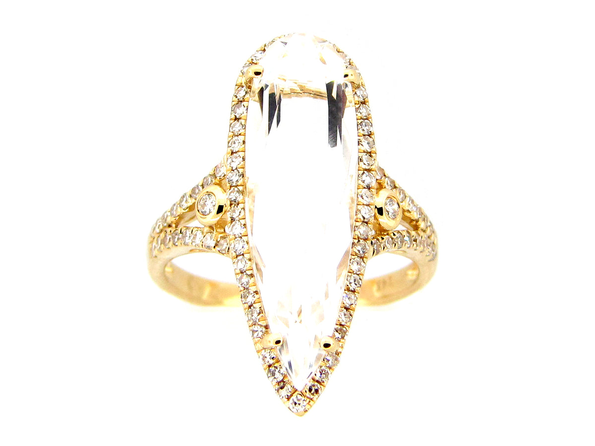 WHITE QUARTZ & DIAMOND RING, 14KY (H/N)