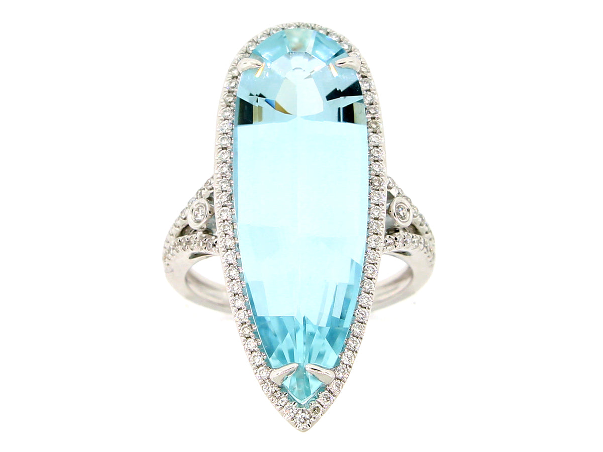 AQUAMARINE & DIAMOND RING, 14KW (H)