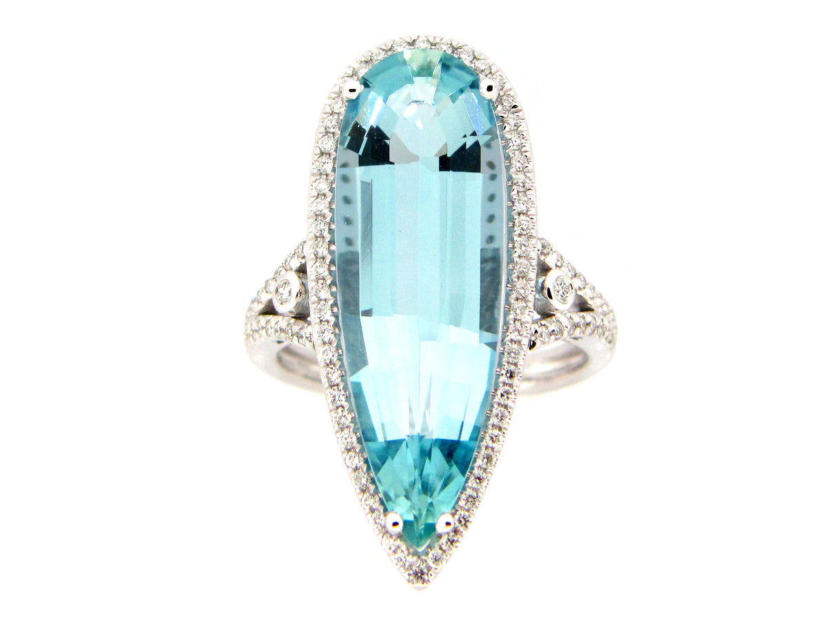 AQUAMARINE & DIAMOND RING, 14KW (H)