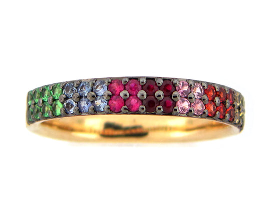 2 ROW RAINBOW SAPPHIRE, RUBY & TSAVORITE RING, 14KY (H/N)