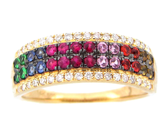 2 ROW RAINBOW SAPPHIRE, TSAVORITE & DIAMOND RING, 14KY (H/N)