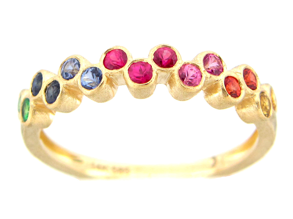 RAINBOW SAPPH & TSAV 2 ROW BEZEL RING, SATIN FINISH, 14KY (H/U/N)