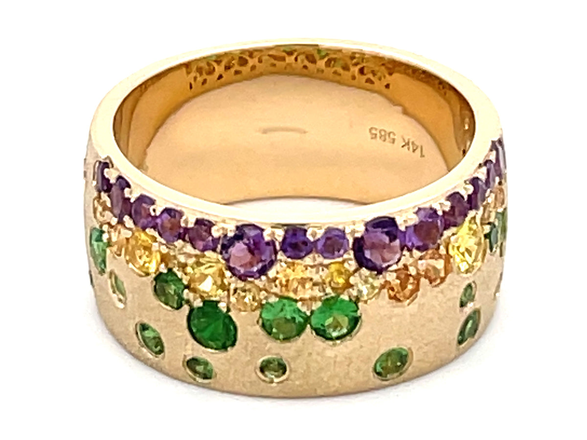 TSAVORITE, YELLOW SAPPHIRE & AMETHYST FLUSH SET CIGAR BAND, 8.7MM, SIZE 5.5, SATIN FINISH