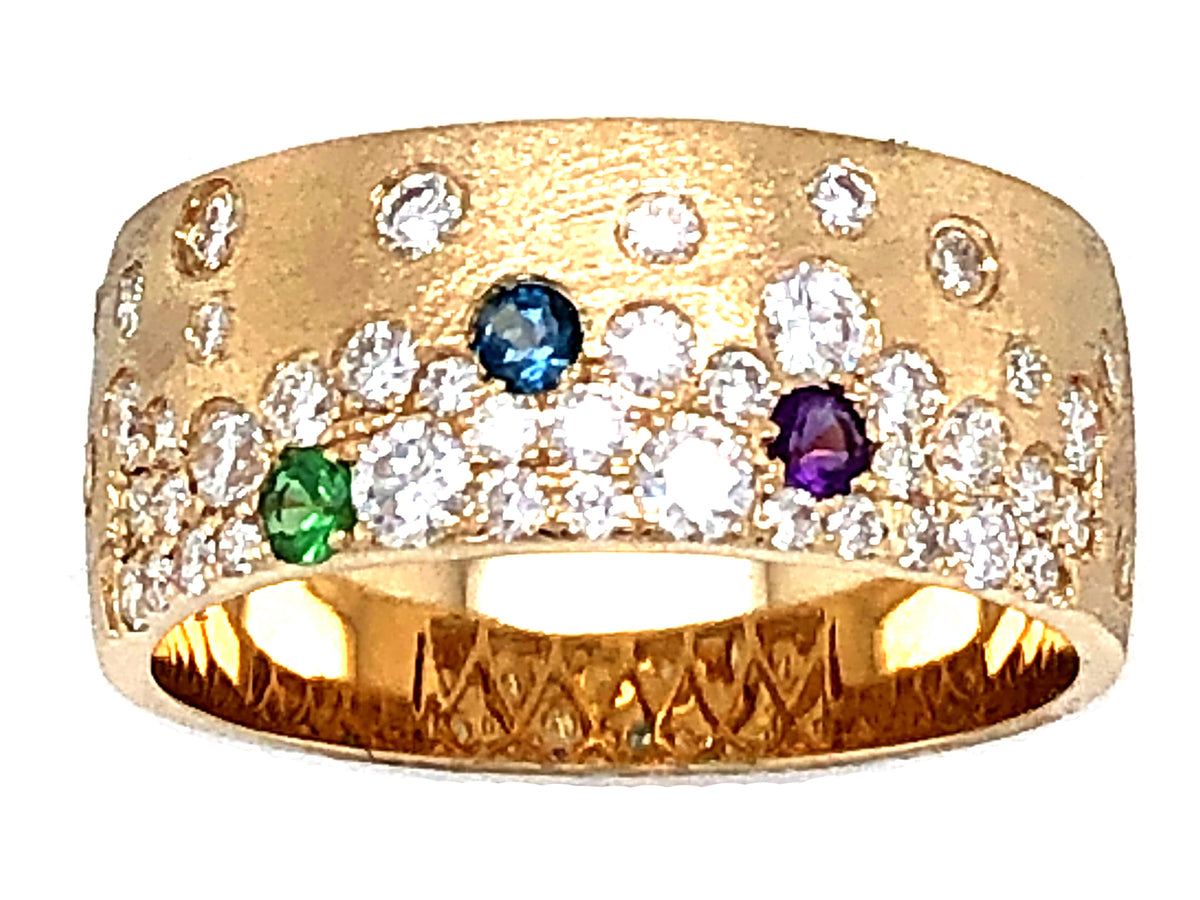 DIA, TSAV, AMETH & BL TOPAZ, FLUSH SET BAND 8.7MM, SATIN FINISH, 14KY (N/H/R)