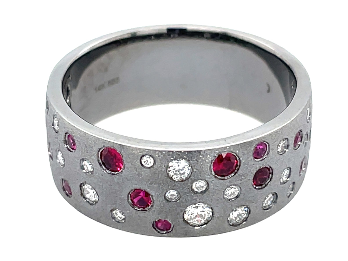 RUBY & DIAMOND FLUSH SET BAND, SATIN FINISH, 14K BLACK FINISH, SIZE 12