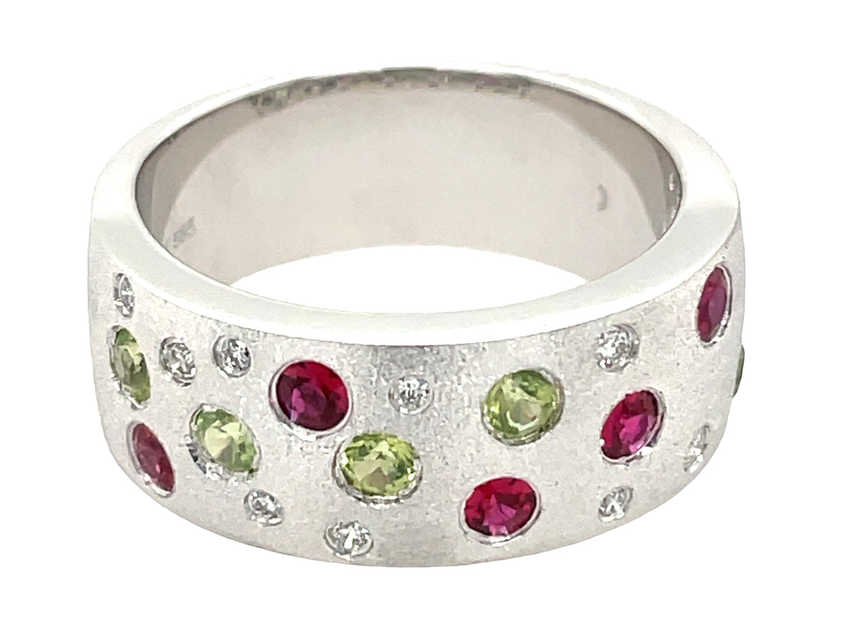 RUBY, PERIDOT & DIAMOND FLUSH SET BAND, 8.7 MM, SATIN FINISH