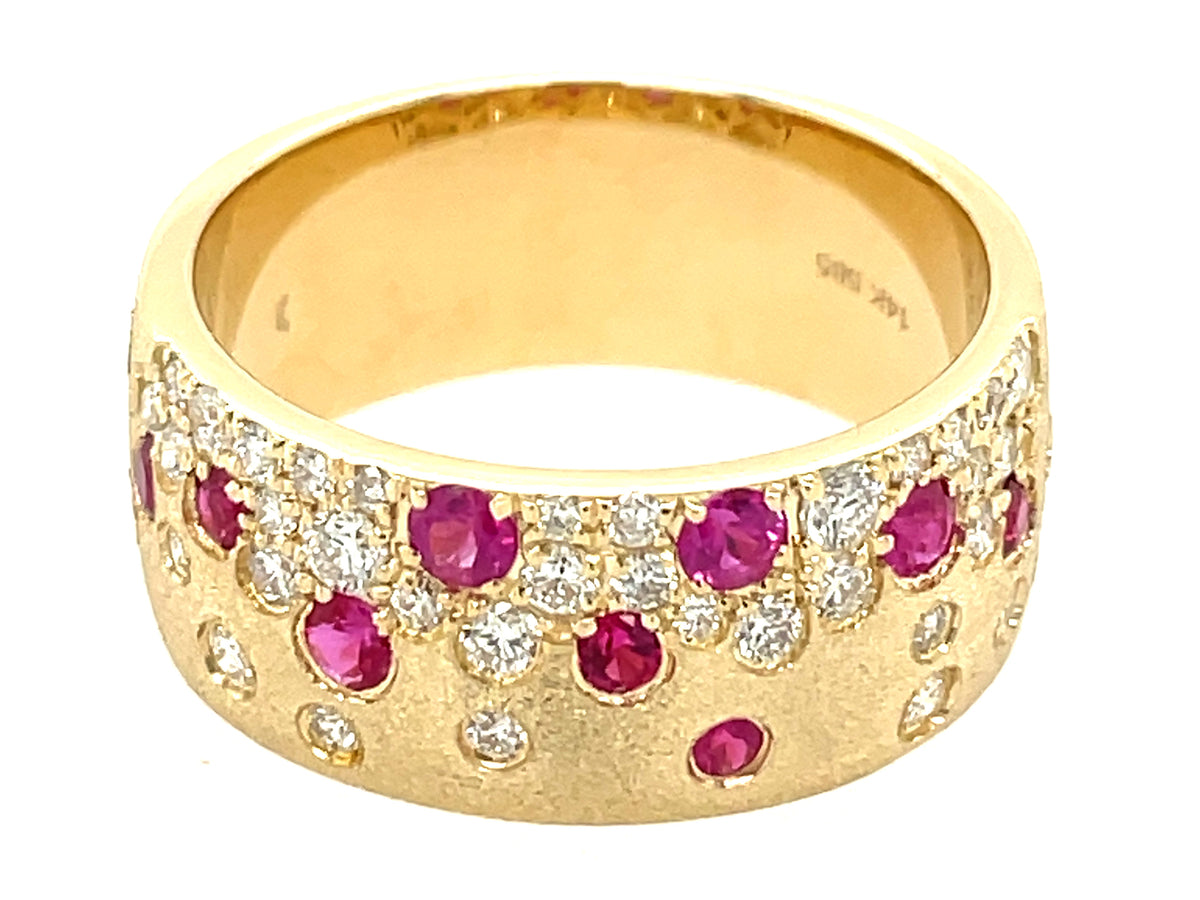 RUBY & DIAMOND FLUSH SET CIGAR BAND 8.7MM RING, SATIN FINISH, 14KY (H)