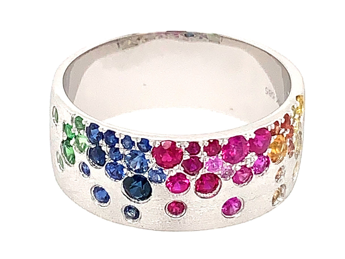 Rainbow Sapphire Tsavorite Flush Set Cigar Band Ring, 8.7mm, Satin Finish, 14kw (H/U/N)