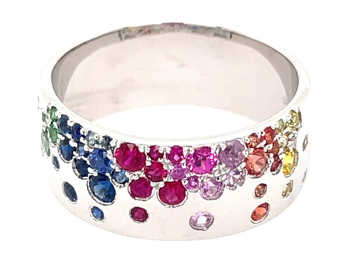 RAINBOW SAPPHIRE & TSAVORITE FLUSH SET CIGAR BAND RING, 8.7MM, 14KW (H/U/N)