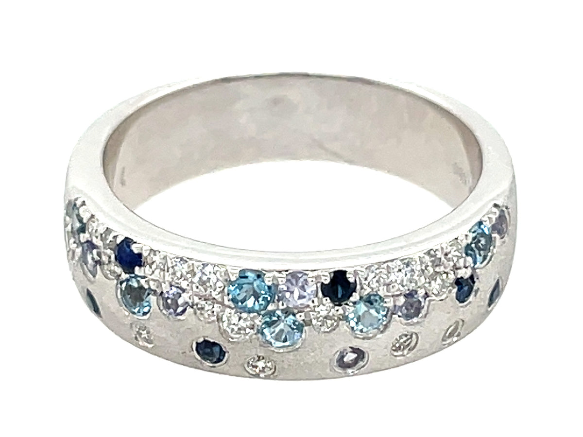 BLUE SAPPHIRE, TANZANITE, AQUAMARINE & DIAMOND CUSTOM RING, 5.7MM, SATIN FINISH, 14KW (H) C=0.43 D=0.17