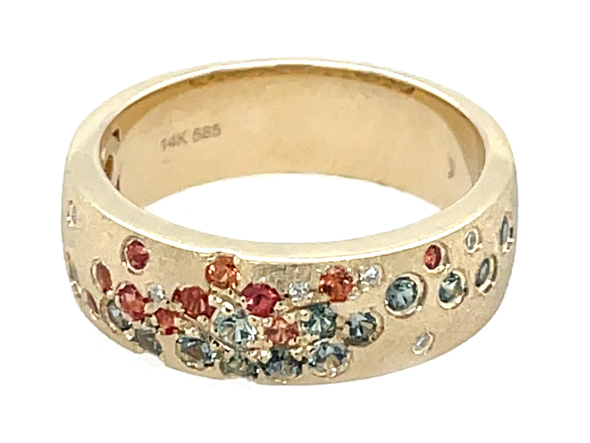Montana Teal Sapphire, Light Orange Sapphire Diamond Custom Ring, Satin Finish