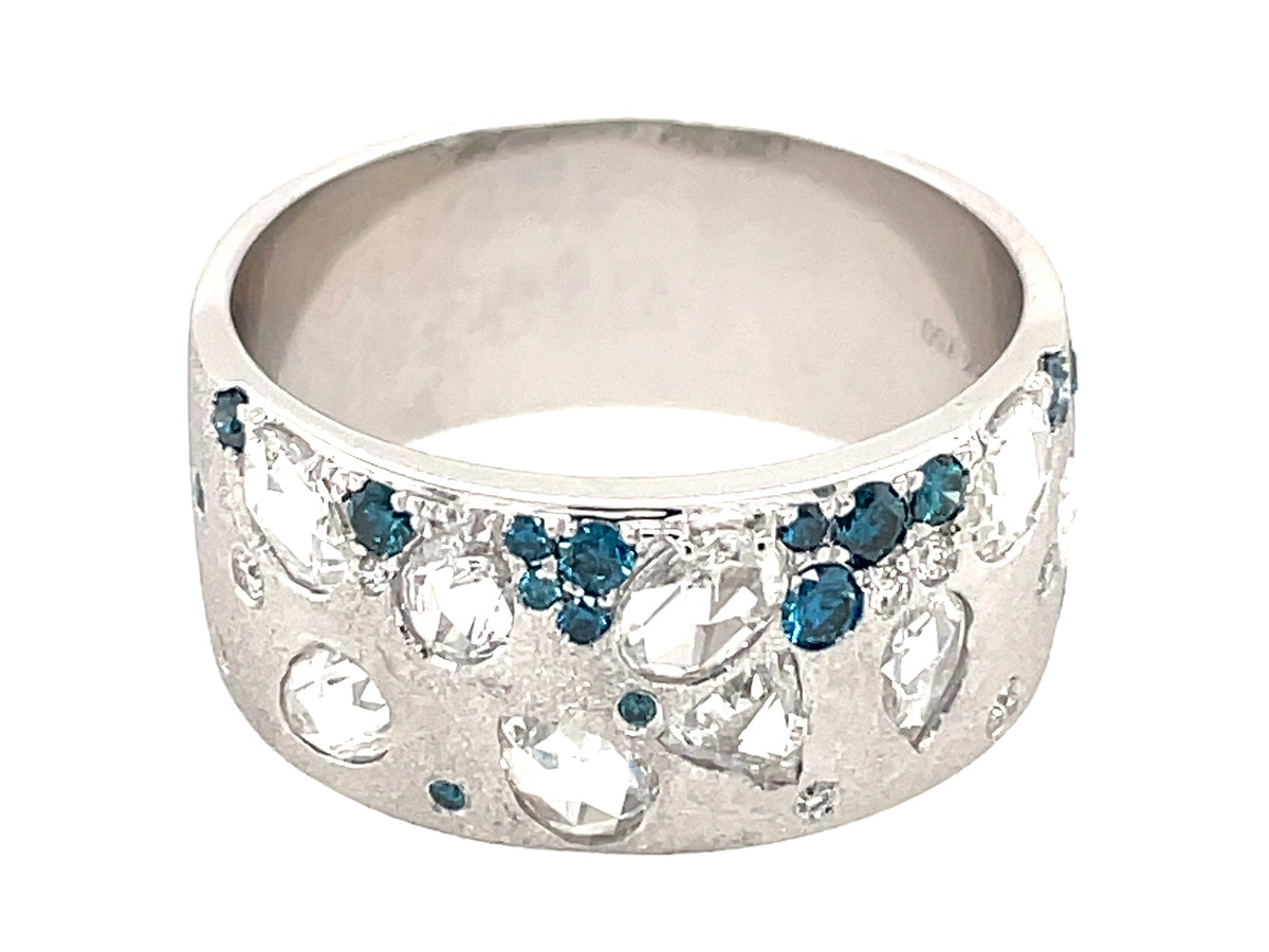 ROSE CUT DIAMOND & IRR BLUE DIAMOND FLUSH SET RING, 9.4 MM, SATIN FINISH