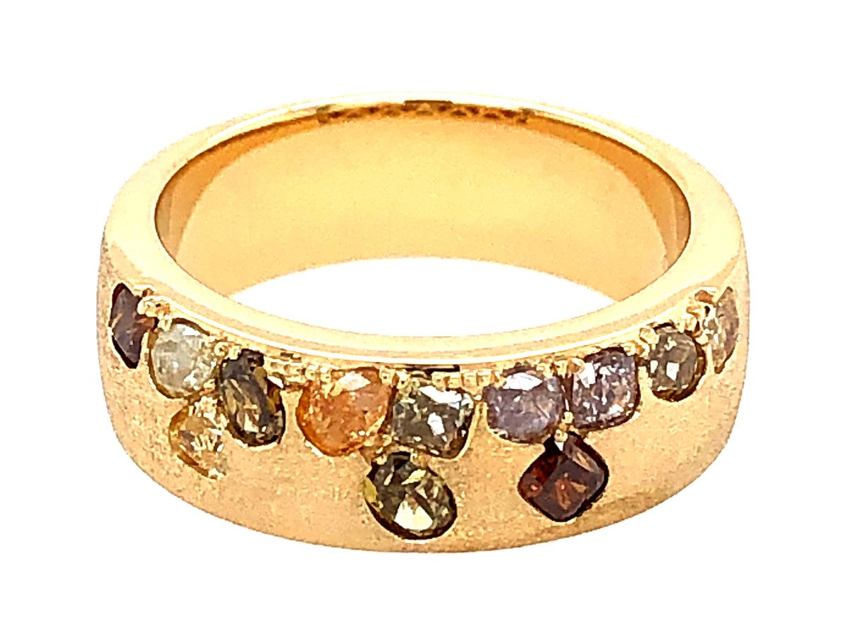 NATURAL FANCY COLOR DIAMOND FLUSH SET CIGAR BAND, 6.5 MM RING, SATIN FINISH, 18KY (N)