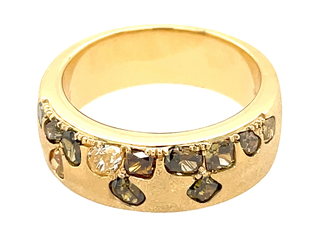 NATURAL FANCY COLOR DIAMOND FLUSH SET CIGAR BAND, 7.5 MM RING, SATIN FINISH