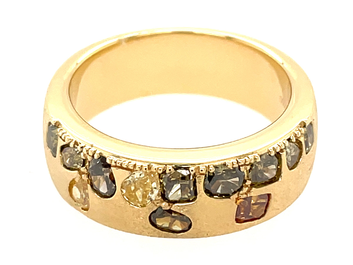 NATURAL FANCY COLOR DIAMOND FLUSH SET CIGAR BAND, 7.5 MM RING, SATIN FINISH