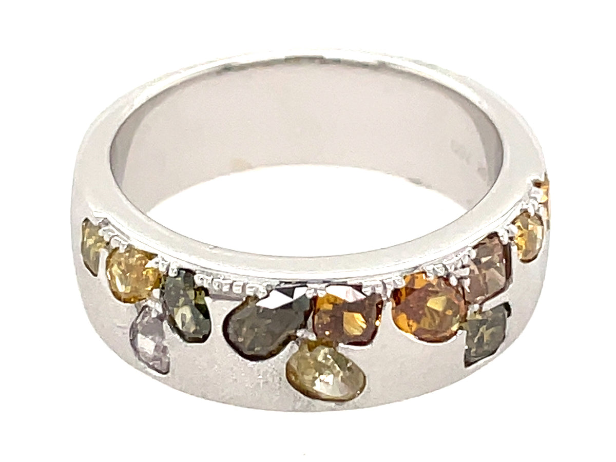 NATURAL FANCY COLOR DIAMOND FLUSH SET CIGAR BAND, 7.5 MM RING, SATIN FINISH