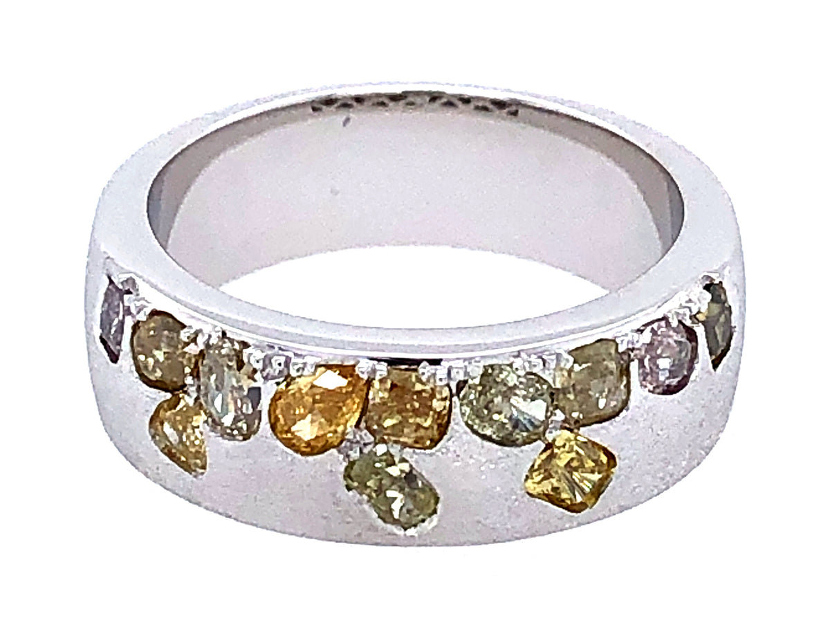 NATURAL FANCY COLOR DIAMOND FLUSH SET CIGAR BAND, 6.5 MM RING, SATIN FINISH, 18KW (N)
