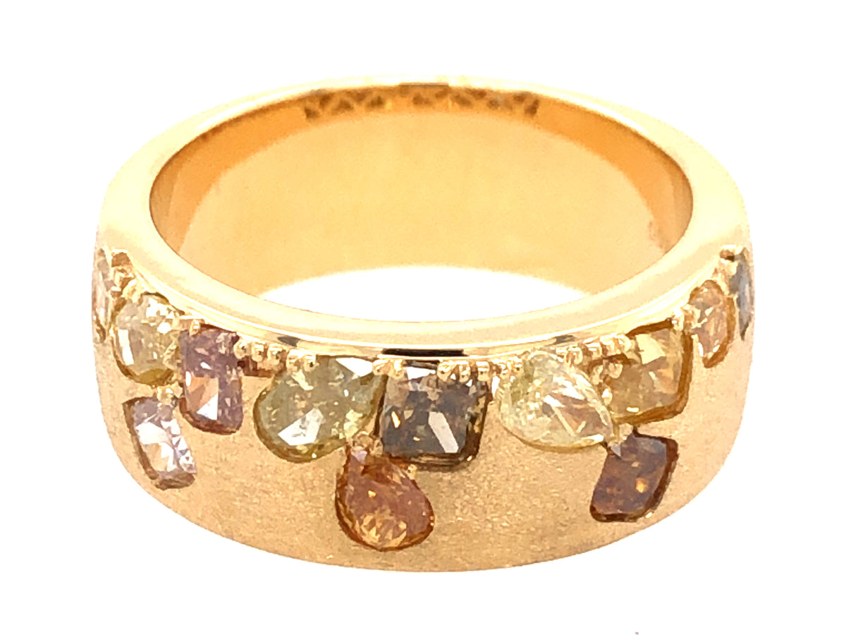 NATURAL FANCY COLOR DIAMOND FLUSH SET CIGAR BAND, 6.5 MM RING, SATIN FINISH, 18KY (N)