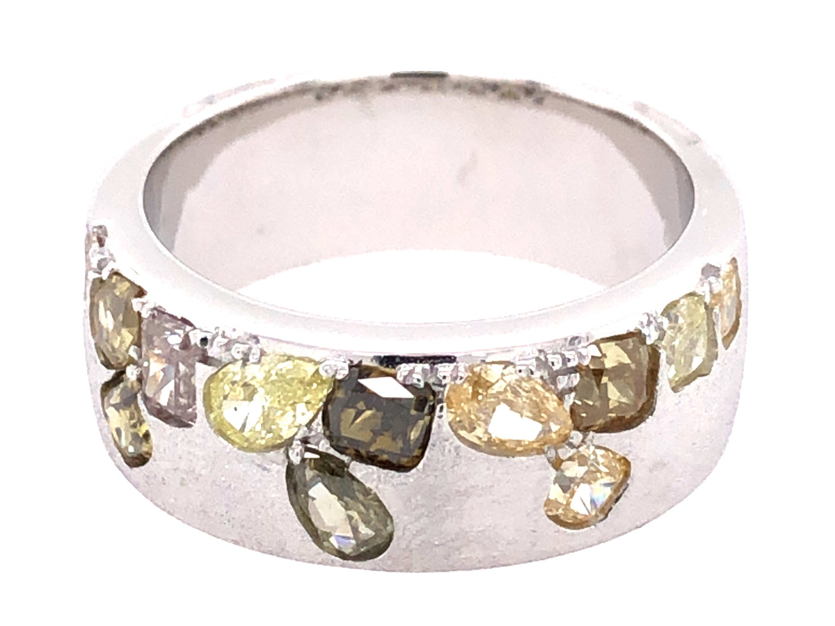 NATURAL FANCY COLOR DIAMOND FLUSH SET CIGAR BAND, 7.3 MM RING, SATIN FINISH, 18KW (N)