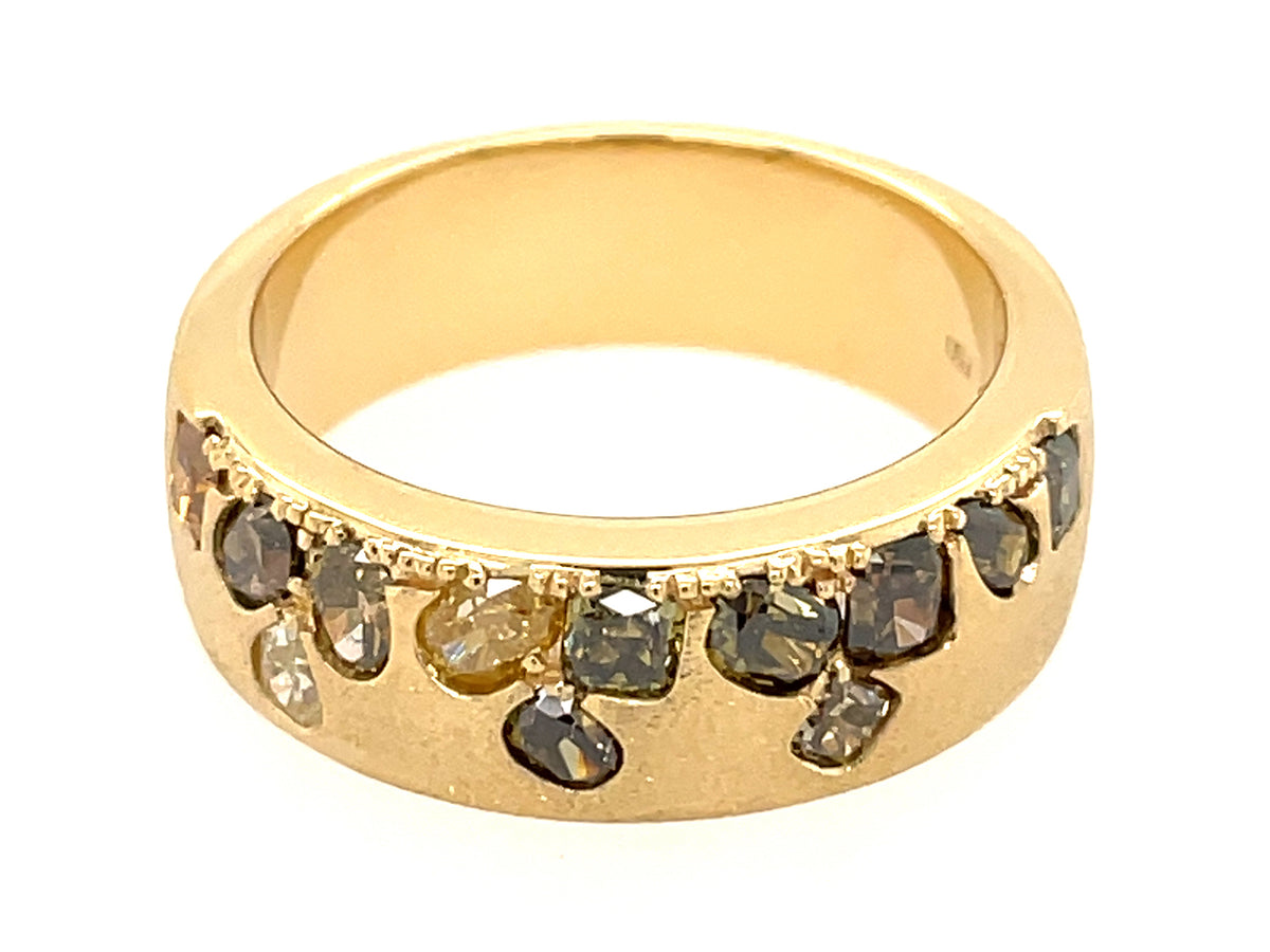 NATURAL FANCY COLOR DIAMOND FLUSH SET CIGAR BAND, 7.5 MM RING, SATIN FINISH