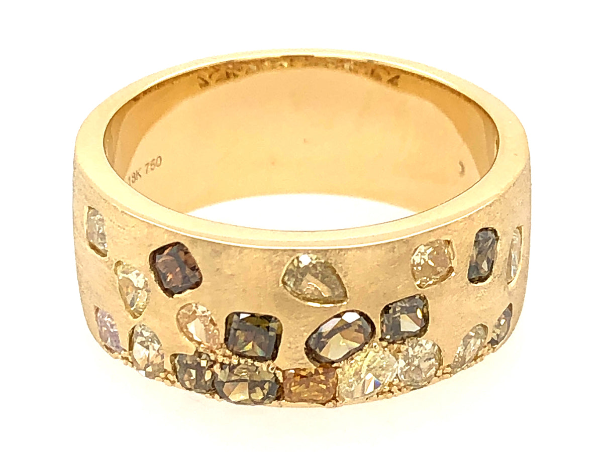 NATURAL FANCY COLOR DIAMOND FLUSH SET CIGAR BAND, 9.7MM, SATIN FINISH, 18KY (N)