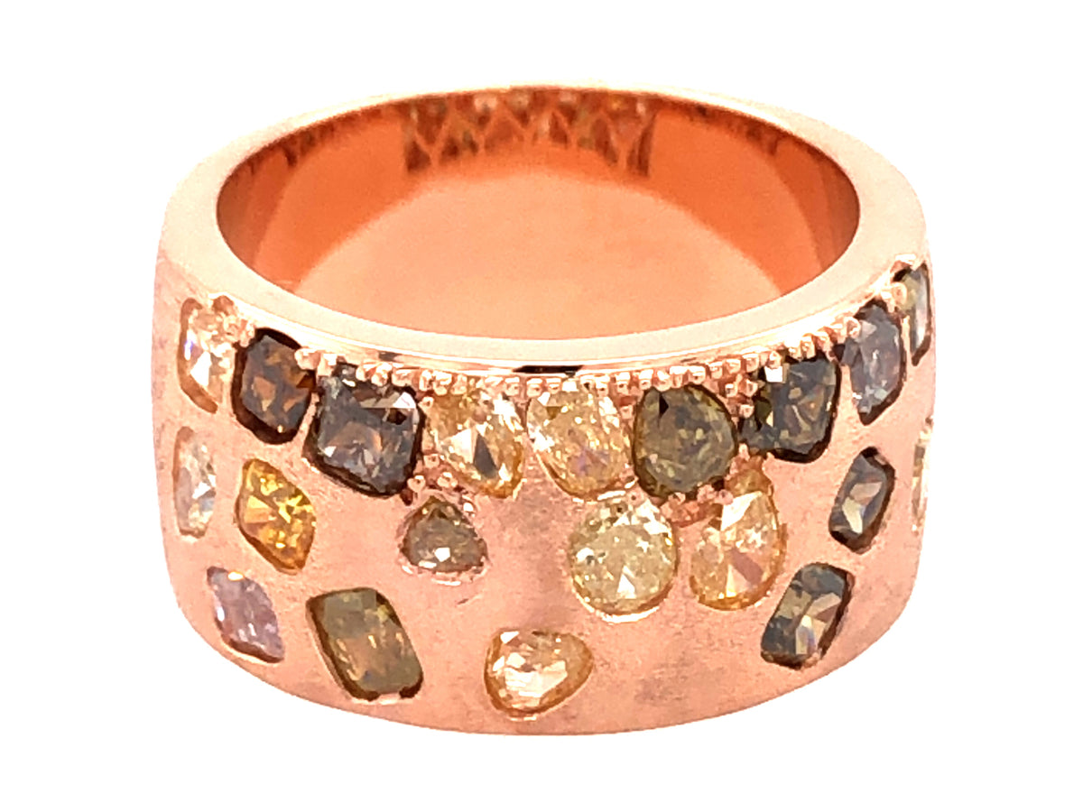 NATURAL FANCY COLOR DIAMOND FLUSH SET CIGAR BAND, 9.7MM, SATIN FINISH