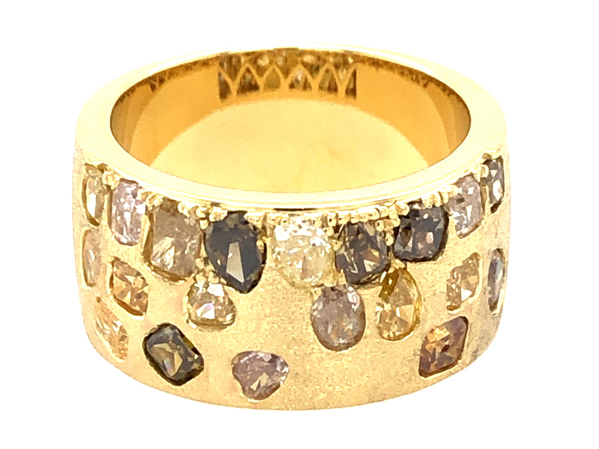 NATURAL FANCY COLOR DIAMOND FLUSH SET CIGAR BAND, 9.7MM, SATIN FINISH