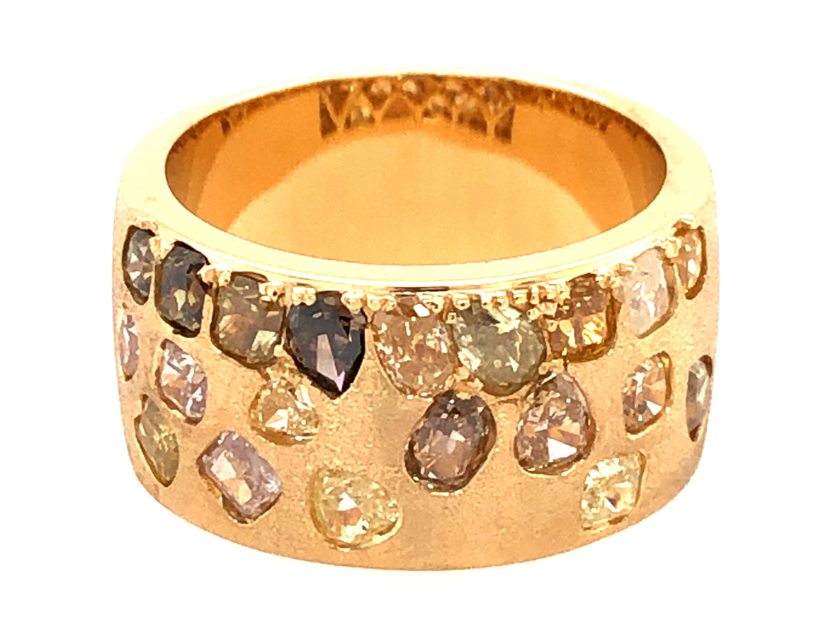 NATURAL FANCY COLOR DIAMOND FLUSH SET CIGAR BAND, 9.7MM, SATIN FINISH