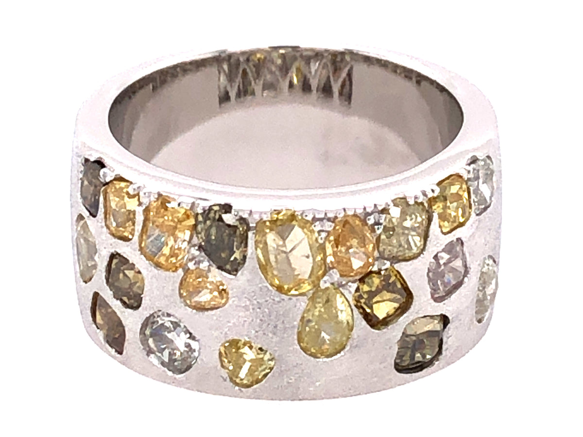 NATURAL FANCY COLOR DIAMOND FLUSH SET CIGAR BAND, 9.7MM, SATIN FINISH