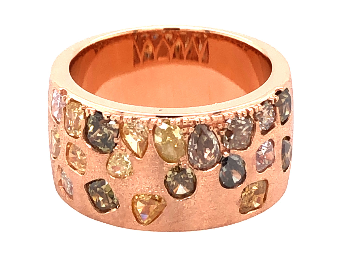 NATURAL FANCY COLOR DIAMOND FLUSH SET CIGAR BAND, 9.7MM, SATIN FINISH