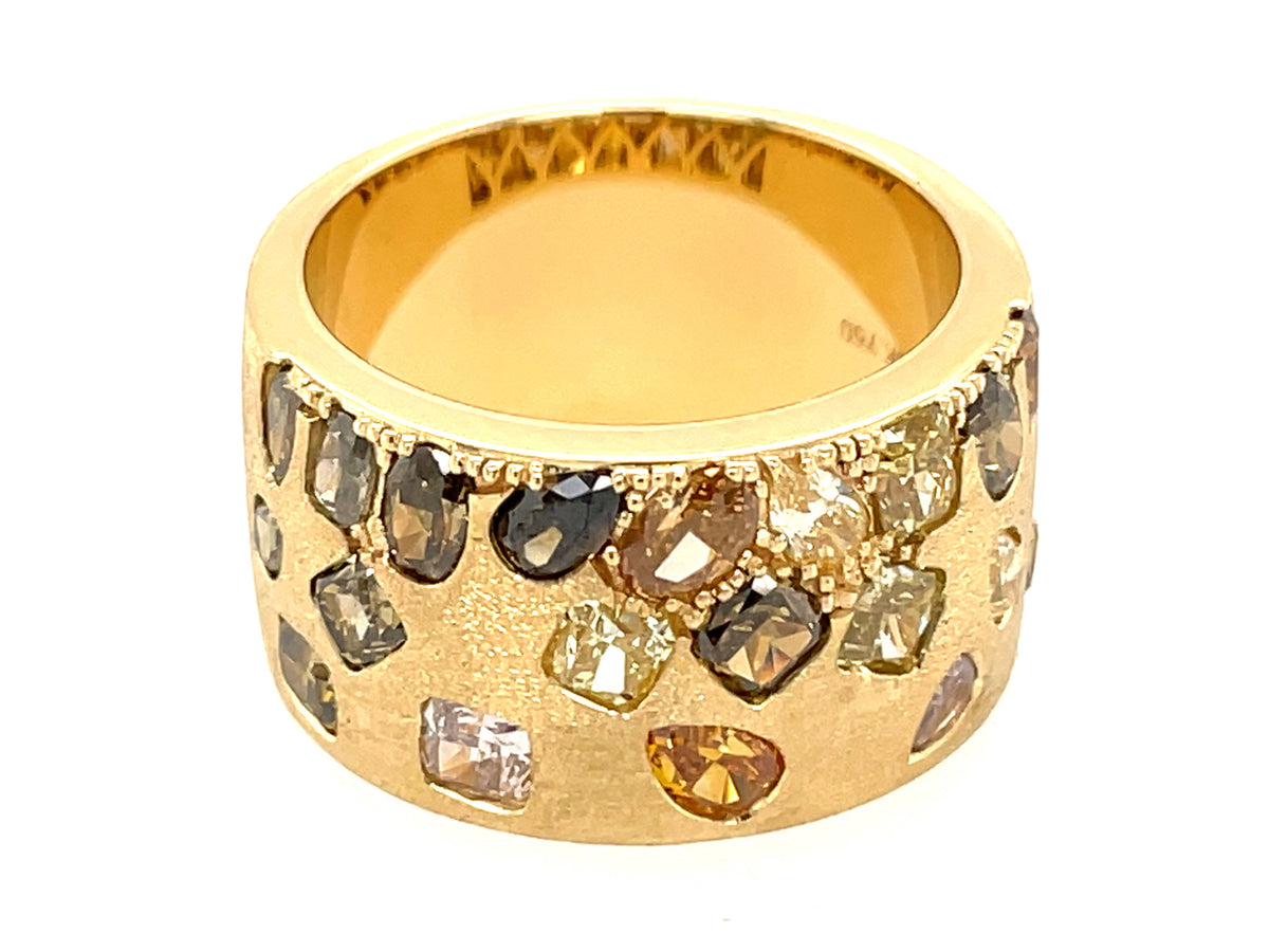 NATURAL FANCY COLOR DIAMOND FLUSH SET CIGAR BAND, 9.7MM, SATIN FINISH