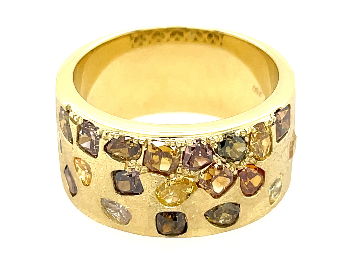NATURAL FANCY COLOR DIAMOND FLUSH SET CIGAR BAND, 9.7MM, SATIN FINISH