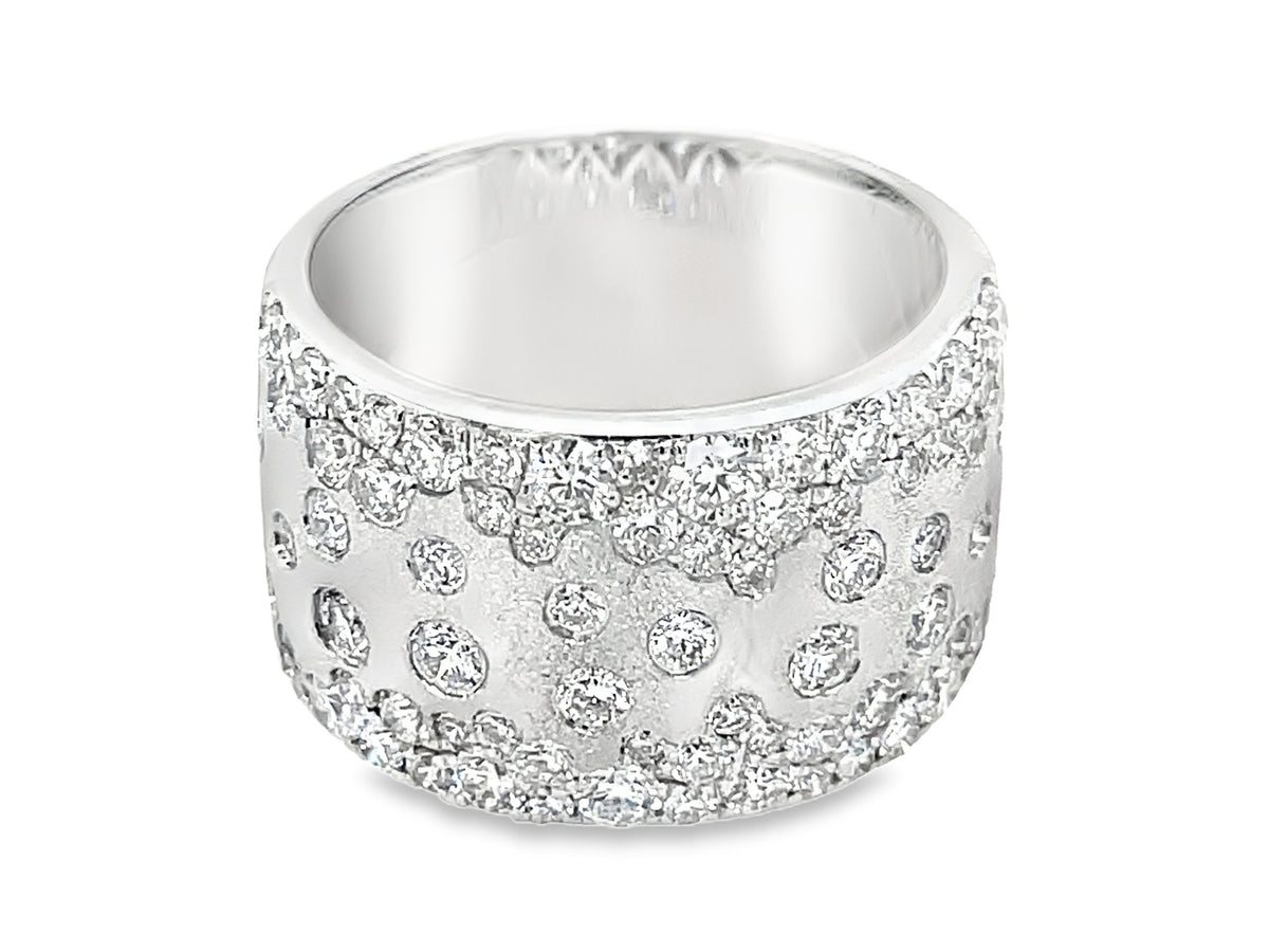 Diamond Scattered 12.3mm Wide Flush Set Cigar Ring, Satin Finish, 14kw (N)