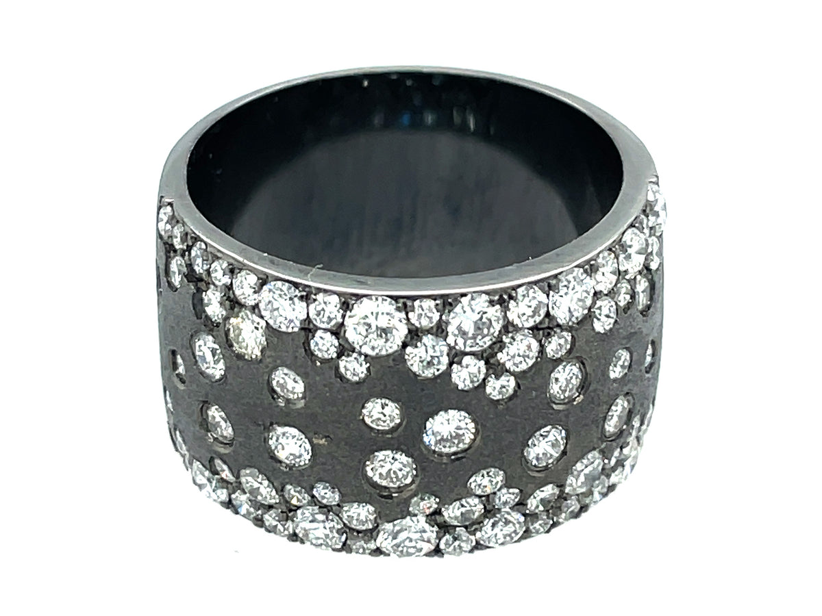 Diamond Scattered 12.3mm Wide Flush Set Cigar Ring, Satin Finish, 14k Black Finish (N)