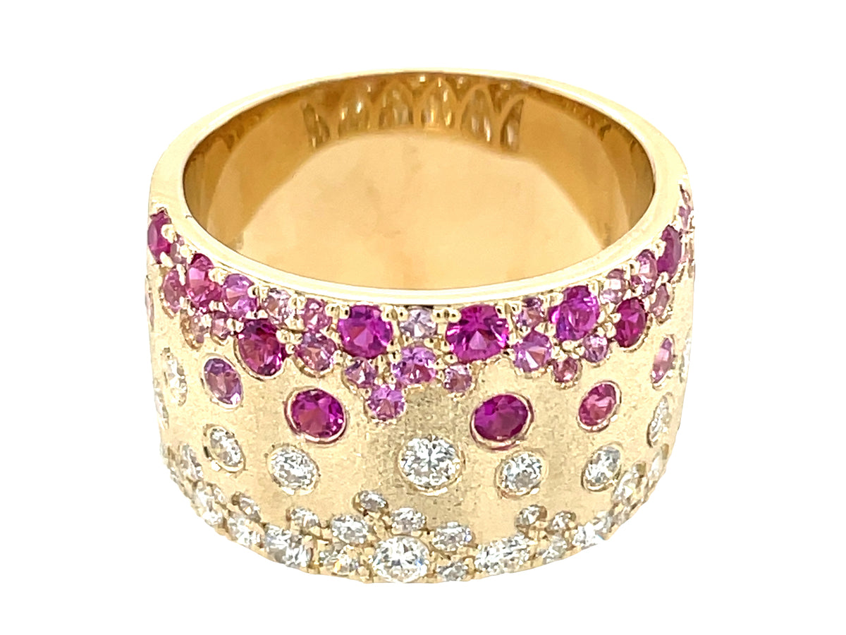 PINK SAPPHIRE, RUBY & DIAMOND SCATTERED 12.3MM WIDE FLUSH SET CIGAR RING, SATIN FINISH, 14KY (H/U)