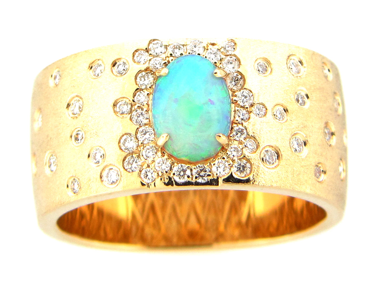 OPAL & DIAMOND HALO FLUSH SET CIGAR BAND RING, SATIN FINISH, 14KY (O)