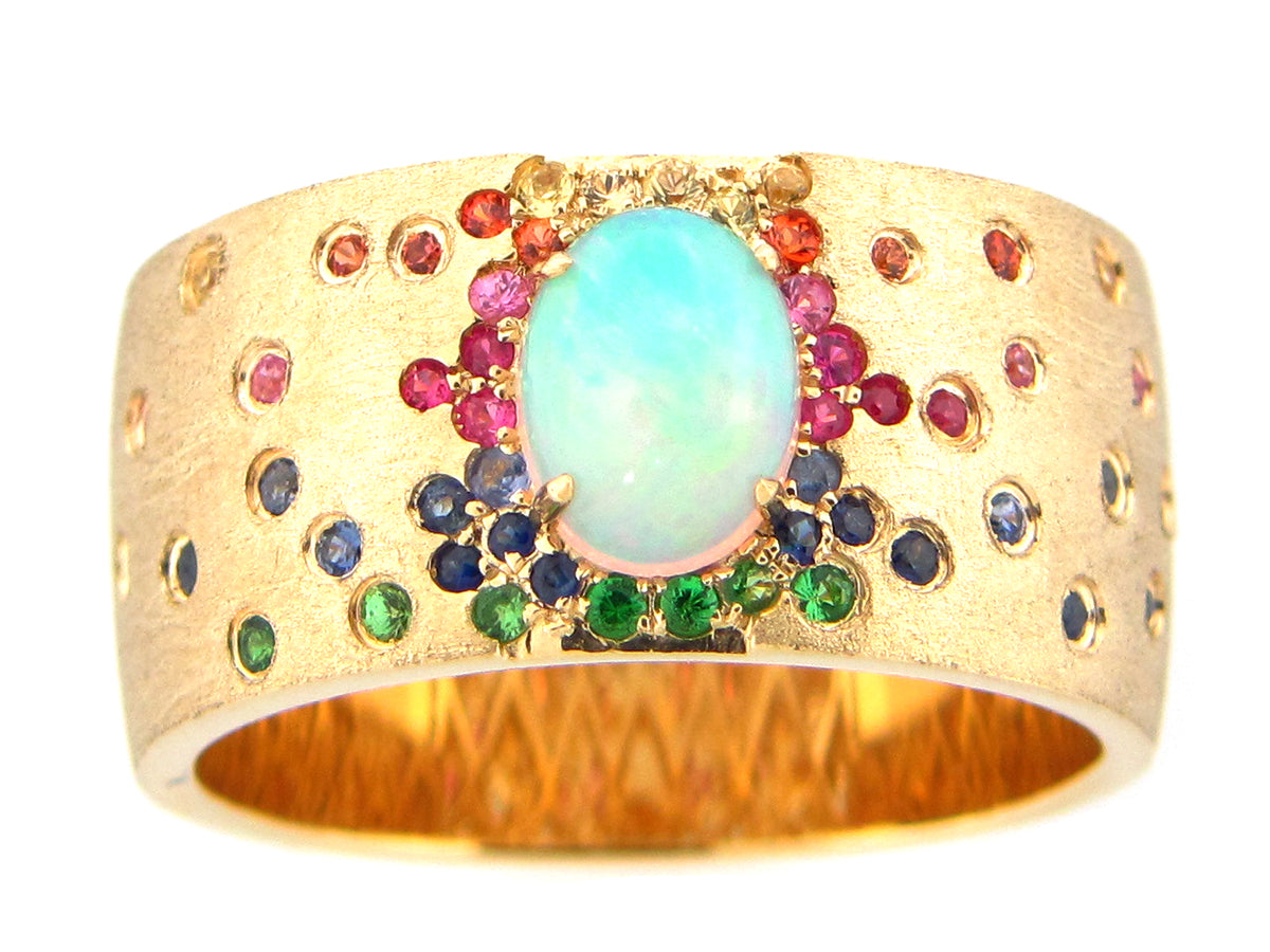 OPAL & RAINBOW SAPPH & TSAV HALO FLUSH SET RING, SATIN FINISH, 14KY (O/H/U/N)